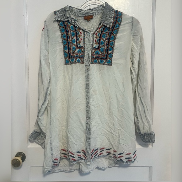 Scully Light Gray Boho Western Embroidered Long Sleeve Button Down Shirt Size L - Picture 1 of 3